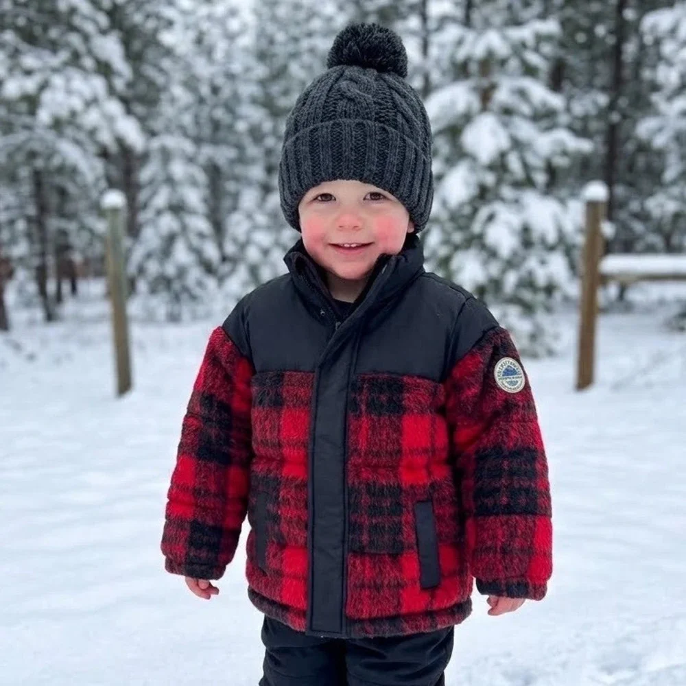 NWT Cotton On Kids Freddie Puffer Jacket Flame Red Phantom Buffalo Plaid S 3-4